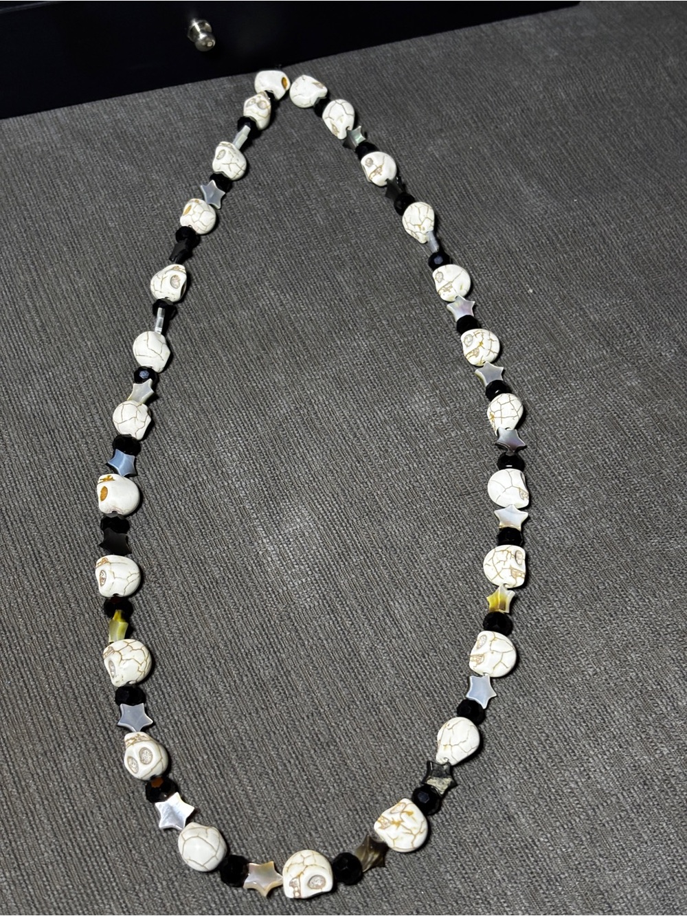 Handcrafted White Howlite Skull Necklace and Black Bead Bracelet Set - Picture 3 of 4